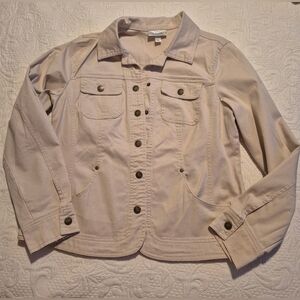 Dressbarn women's Large tan snap closed twill jacket, has stretch, VGUC